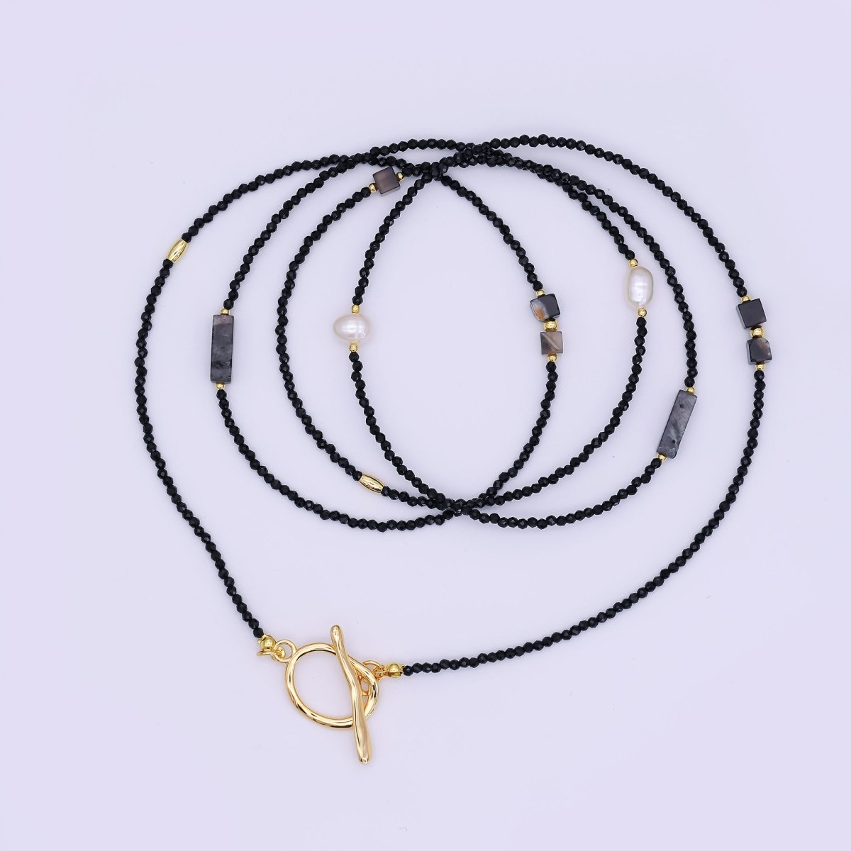 24K Gold Filled 3mm Grey Agate Onyx Shell Pearl Gemstone 40 Inches Necklace | WA-3085