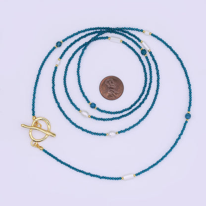 24K Gold Filled 3mm Shell Pearl Blue Crystal Gemstone 40 Inches Necklace | WA-3082