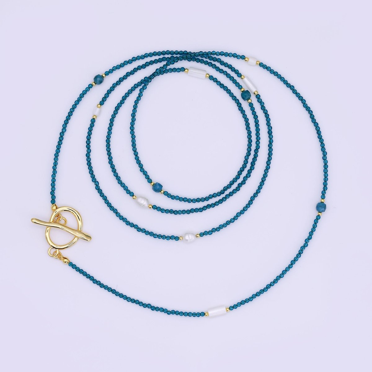 24K Gold Filled 3mm Shell Pearl Blue Crystal Gemstone 40 Inches Necklace | WA-3082