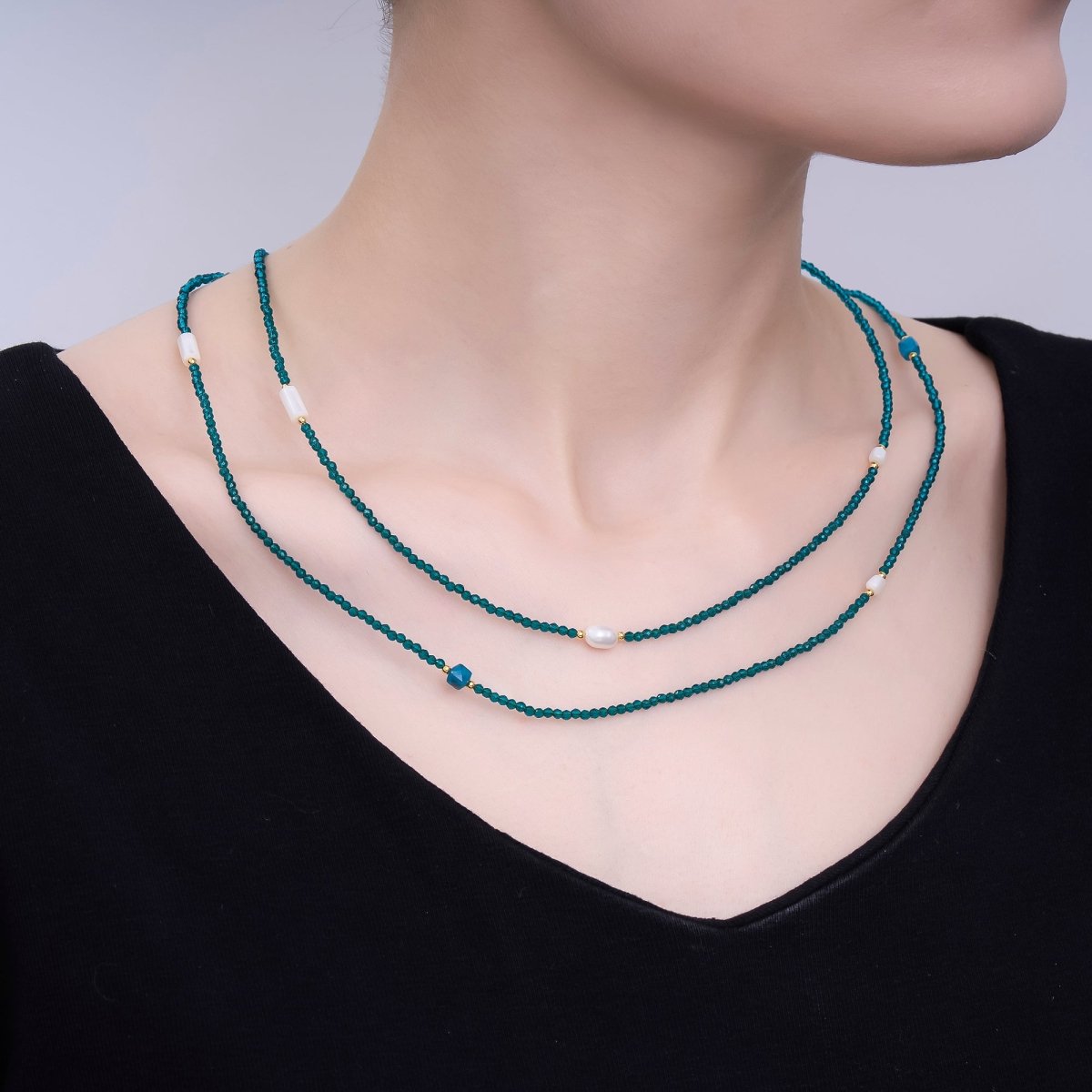 24K Gold Filled 3mm Shell Pearl Blue Crystal Gemstone 40 Inches Necklace | WA-3082