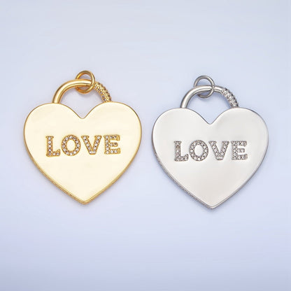 24K Gold Filled 40mm "LOVE" Micro Paved CZ Heart Padlock Charm in Gold &amp; Silver | N746 N747