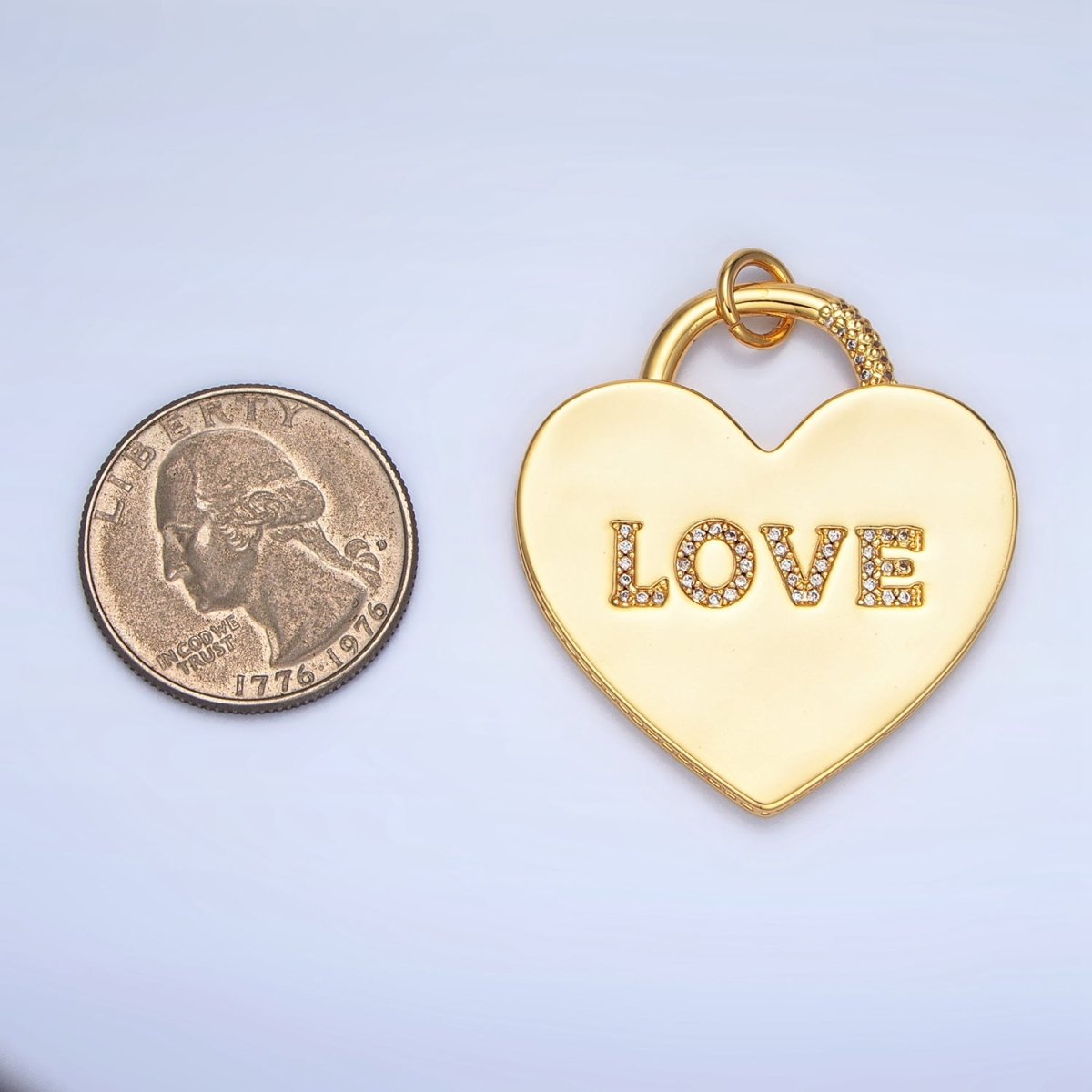 24K Gold Filled 40mm "LOVE" Micro Paved CZ Heart Padlock Charm in Gold &amp; Silver | N746 N747