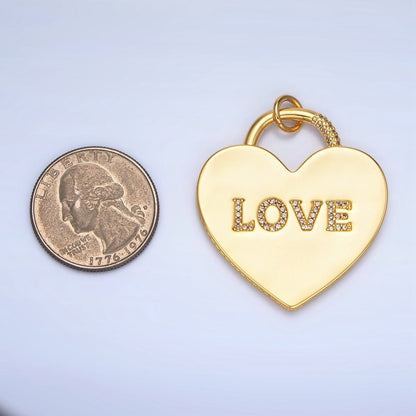 24K Gold Filled 40mm "LOVE" Micro Paved CZ Heart Padlock Charm in Gold &amp; Silver | N746 N747