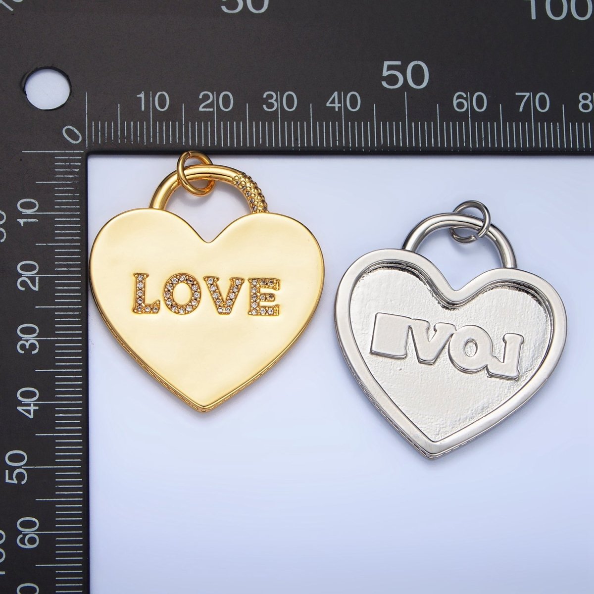 24K Gold Filled 40mm "LOVE" Micro Paved CZ Heart Padlock Charm in Gold &amp; Silver | N746 N747