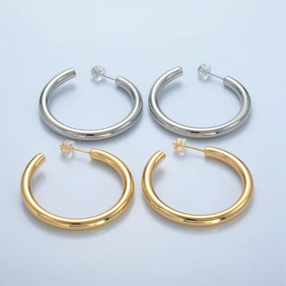 24K Gold Filled 40mm Minimalist C-Shaped Hoop Earrings in Gold &amp; Silver | AD718 AD719