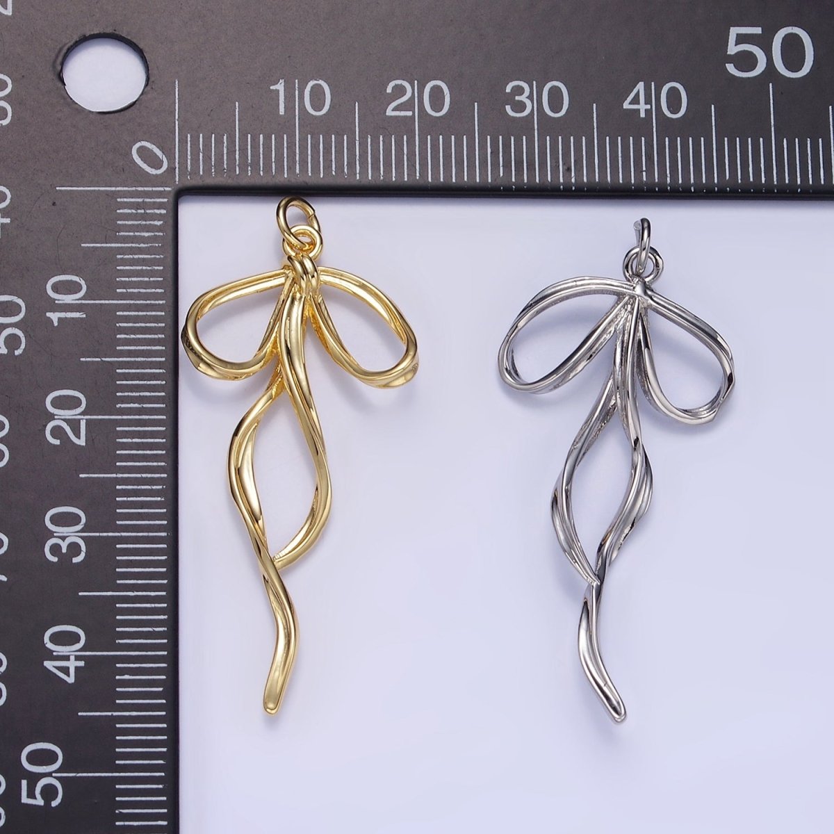 24K Gold Filled 40mm Ribbon Bow Twirl Charm in Gold &amp; Silver | D440 D441