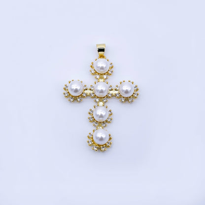 24K Gold Filled 40mm Shell Pearl Micro Paved CZ Religious Cross Pendant | AA1671