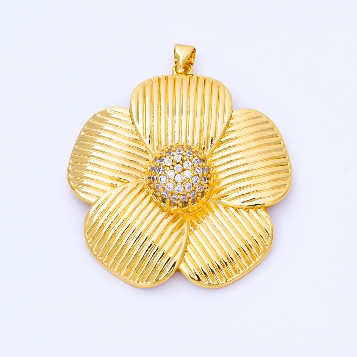 24K Gold Filled 41mm Micro Paved CZ Ribbed Flower Pendant in Gold &amp; Silver | AA1657 AA1660
