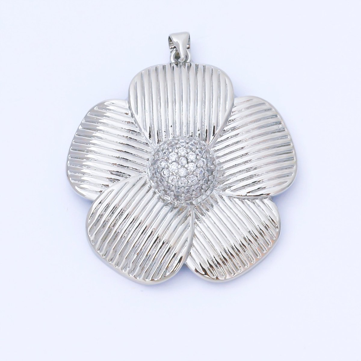 24K Gold Filled 41mm Micro Paved CZ Ribbed Flower Pendant in Gold &amp; Silver | AA1657 AA1660