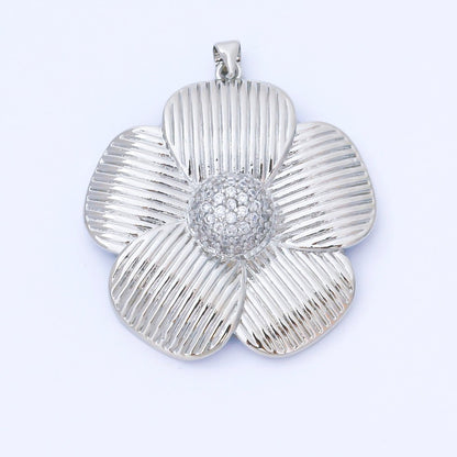 24K Gold Filled 41mm Micro Paved CZ Ribbed Flower Pendant in Gold &amp; Silver | AA1657 AA1660
