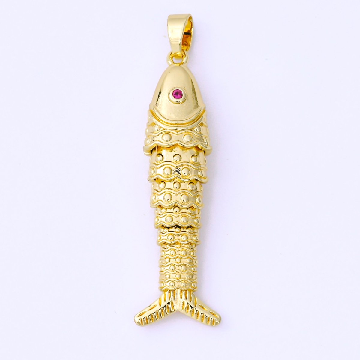 24K Gold Filled 43mm Fuchsia CZ Dotted Sardine Fish Multidimensional Charm in Gold &amp; Silver | AA1620
