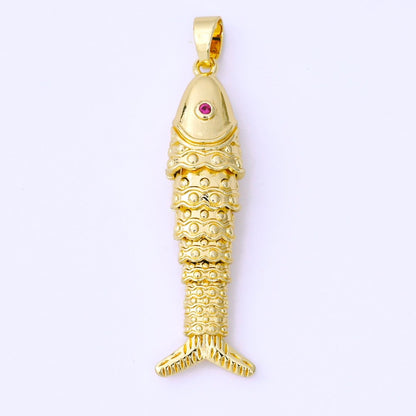 24K Gold Filled 43mm Fuchsia CZ Dotted Sardine Fish Multidimensional Charm in Gold &amp; Silver | AA1620