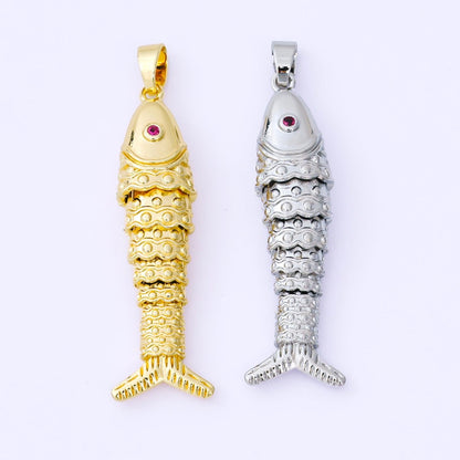 24K Gold Filled 43mm Fuchsia CZ Dotted Sardine Fish Multidimensional Charm in Gold &amp; Silver | AA1620