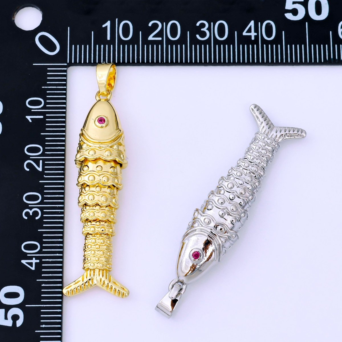 24K Gold Filled 43mm Fuchsia CZ Dotted Sardine Fish Multidimensional Charm in Gold &amp; Silver | AA1620