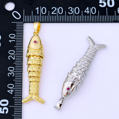 24K Gold Filled 43mm Fuchsia CZ Dotted Sardine Fish Multidimensional Charm in Gold &amp; Silver | AA1620