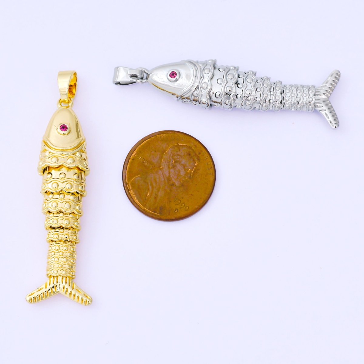 24K Gold Filled 43mm Fuchsia CZ Dotted Sardine Fish Multidimensional Charm in Gold &amp; Silver | AA1620