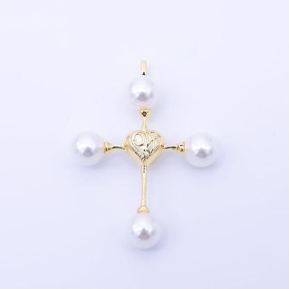 24K Gold Filled 44mm Shell Pearl Heart Religious Cross Pendant | AF570