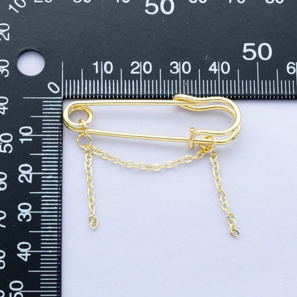 24K Gold Filled 45mm, 75mm, 100mm Chain Drop Safety Pin Brooch Finding | WA-3046 ~ WA-3048