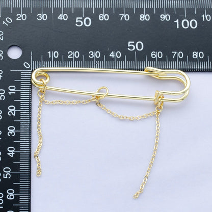 24K Gold Filled 45mm, 75mm, 100mm Chain Drop Safety Pin Brooch Finding | WA-3046 ~ WA-3048