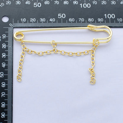 24K Gold Filled 45mm, 75mm, 100mm Chain Drop Safety Pin Brooch Finding | WA-3046 ~ WA-3048