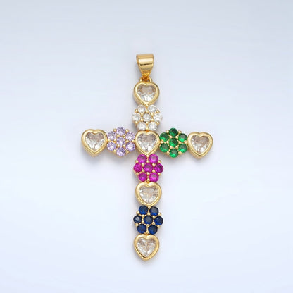 24K Gold Filled 45mm Multicolor Heart Flower Cross Pendant | AH188