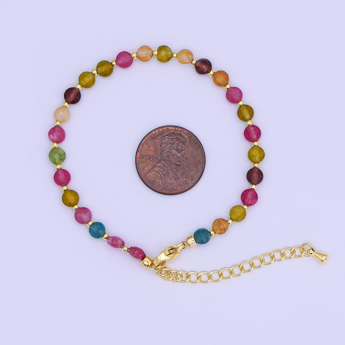 24K Gold Filled 4.5mm Multicolor Natural Gemstone Round Bead 6.5 Inch Bracelet | WA-3153
