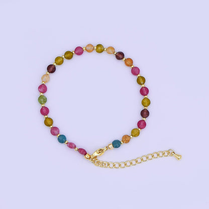 24K Gold Filled 4.5mm Multicolor Natural Gemstone Round Bead 6.5 Inch Bracelet | WA-3153