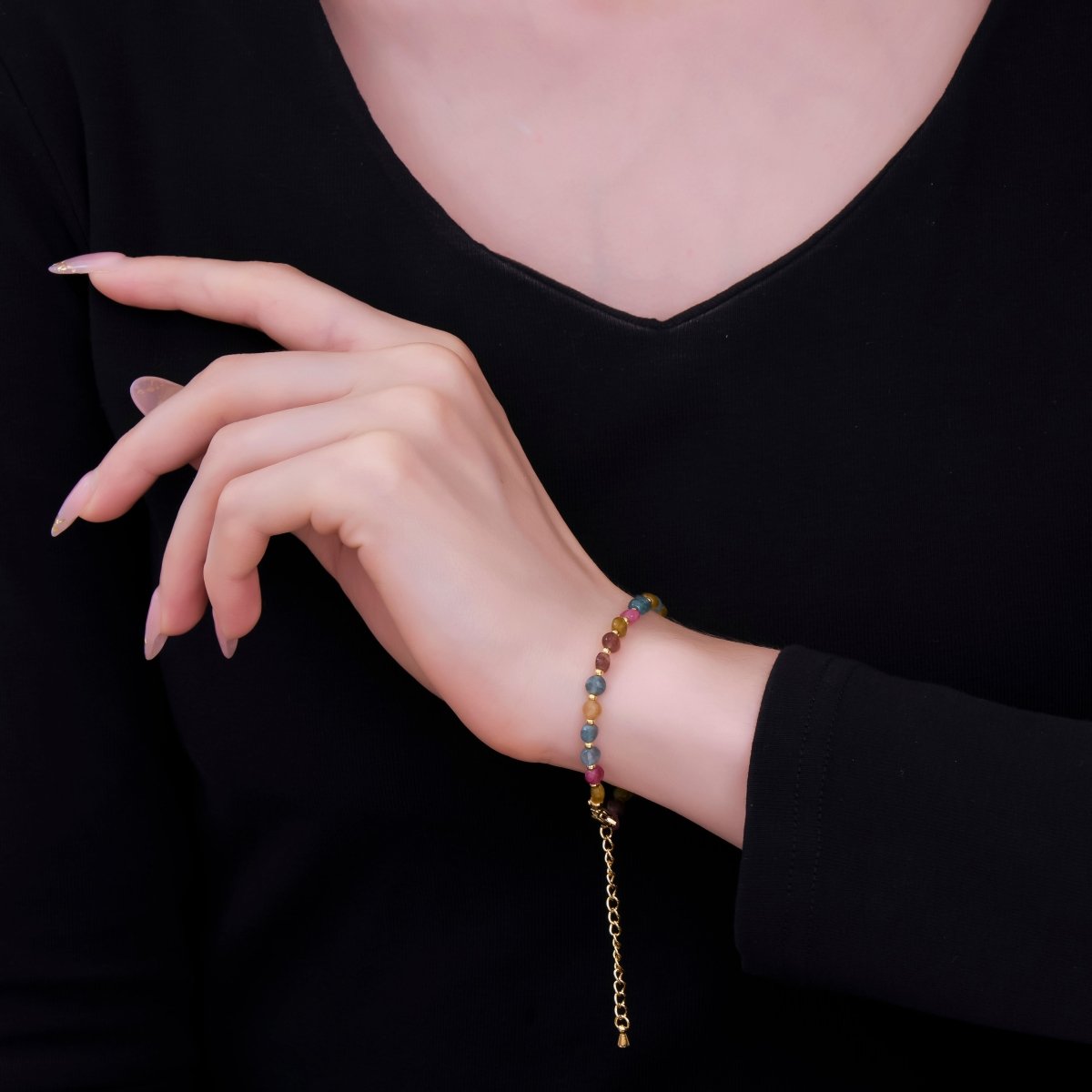 24K Gold Filled 4.5mm Multicolor Natural Gemstone Round Bead 6.5 Inch Bracelet | WA-3153