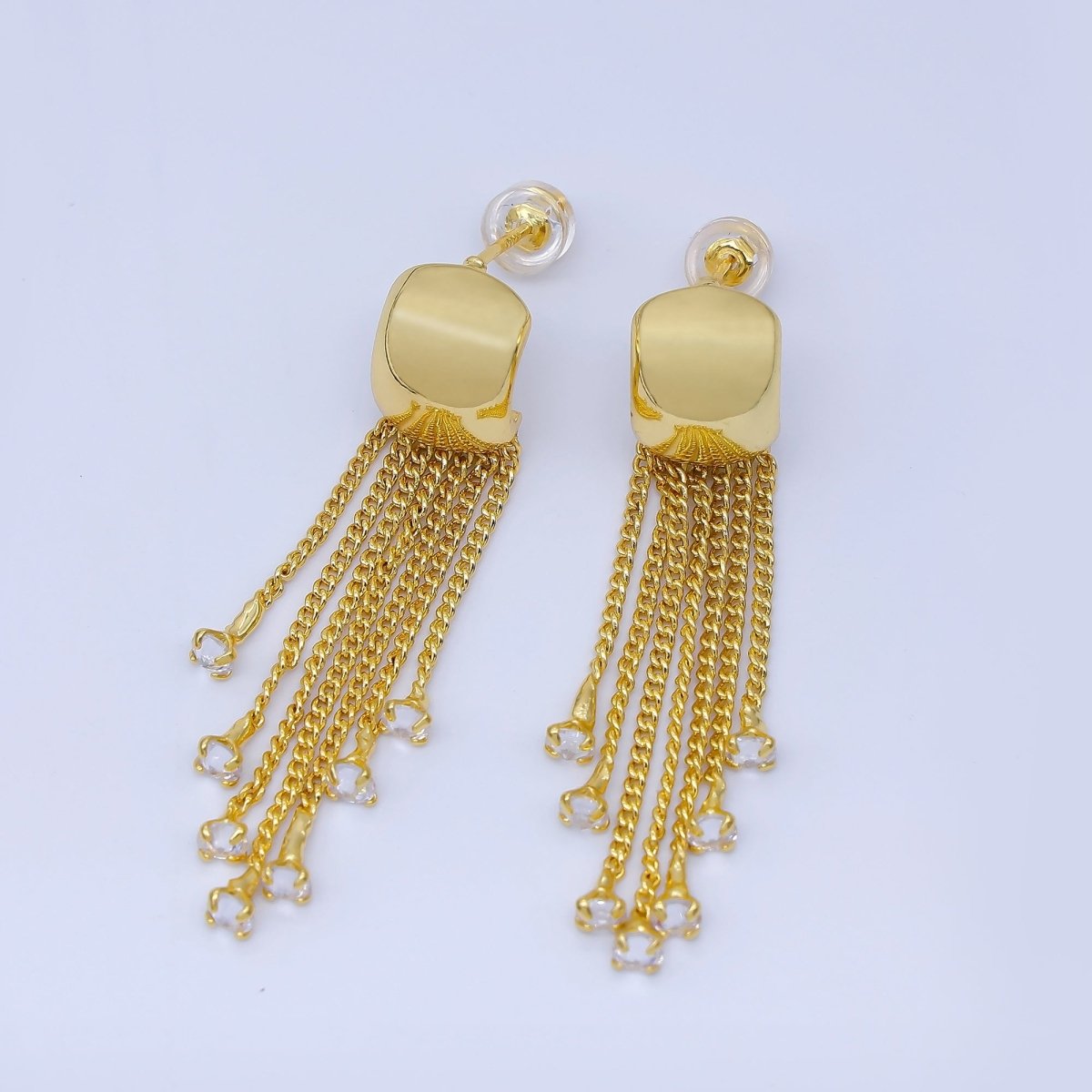 24K Gold Filled 46.5mm CZ Curb Chain C-Shaped Hoop Drop Earrings | AB1635