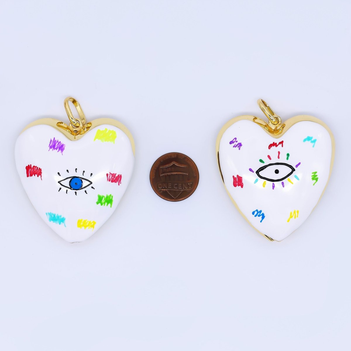 24K Gold Filled 48mm Evil Eye Art White Enamel Heart Charm | AH407 AH408