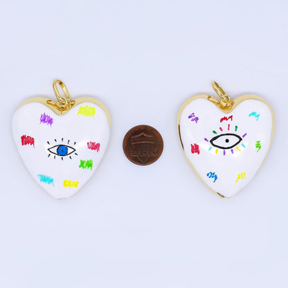 24K Gold Filled 48mm Evil Eye Art White Enamel Heart Charm | AH407 AH408