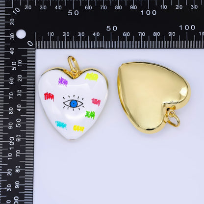 24K Gold Filled 48mm Evil Eye Art White Enamel Heart Charm | AH407 AH408