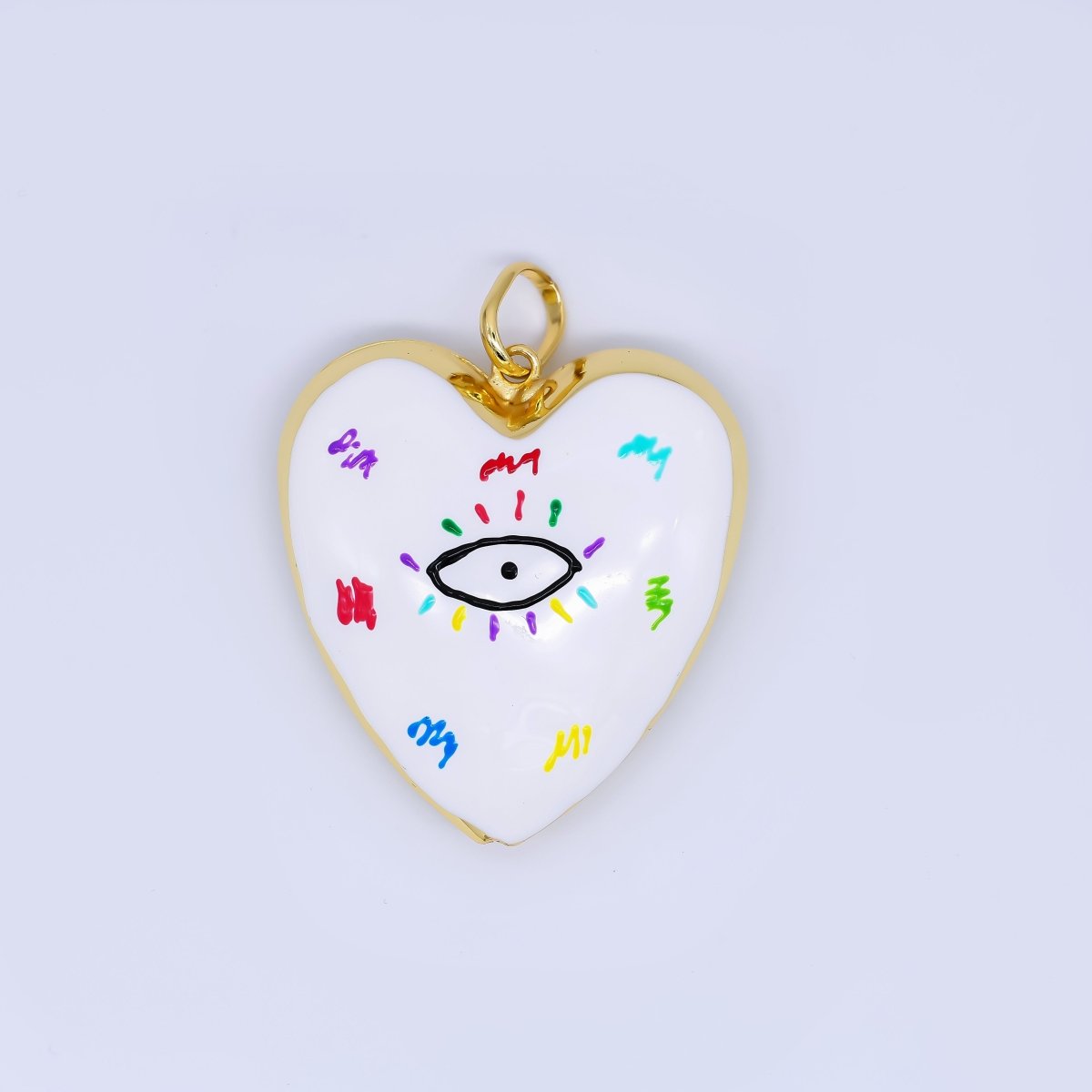 24K Gold Filled 48mm Evil Eye Art White Enamel Heart Charm | AH407 AH408