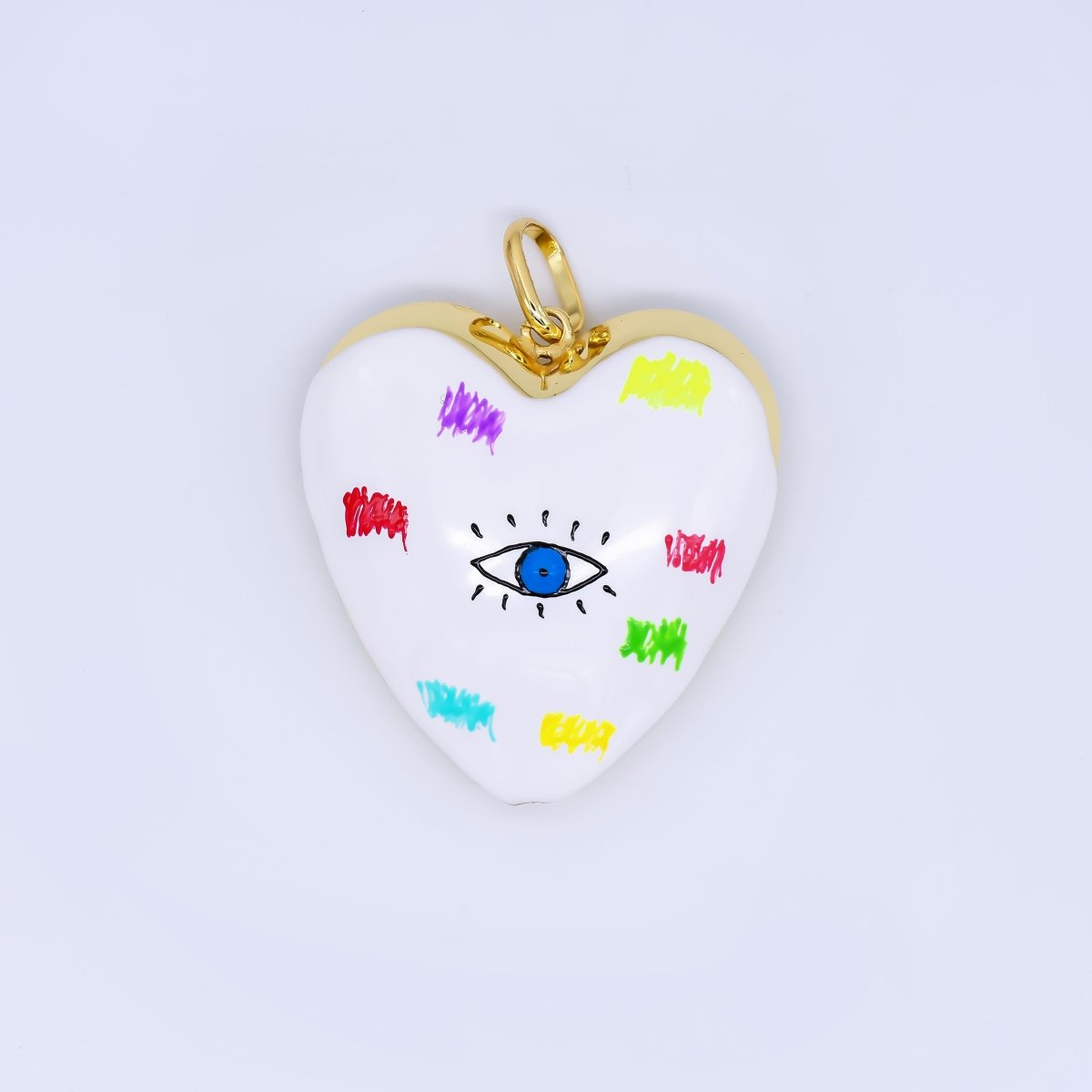 24K Gold Filled 48mm Evil Eye Art White Enamel Heart Charm | AH407 AH408