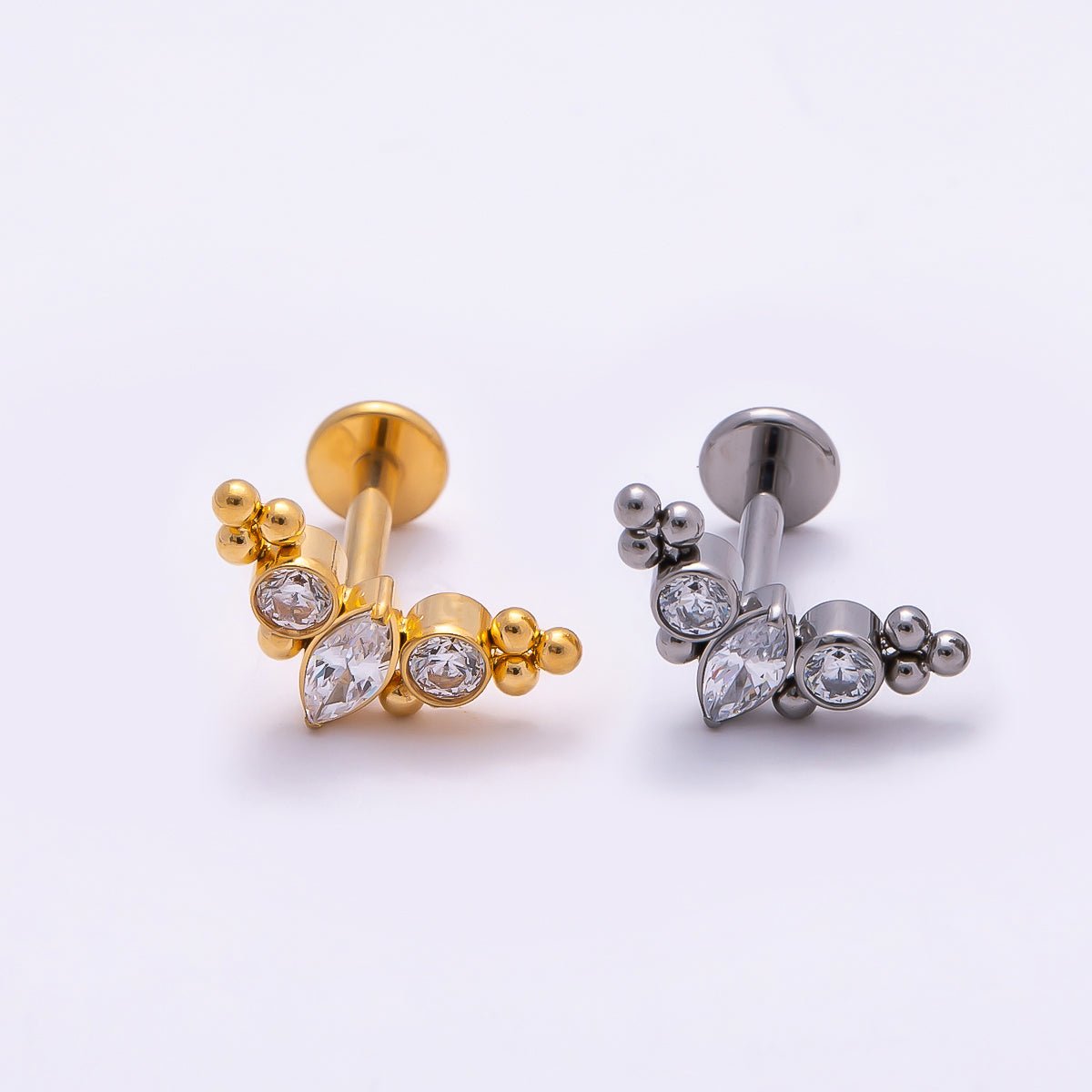 Titanium 4mm Clear CZ Marquise Round Bubble Single Cartilage Piercing Flat Back Stud in Gold &amp; Silver | BJ-00057 BJ-00058