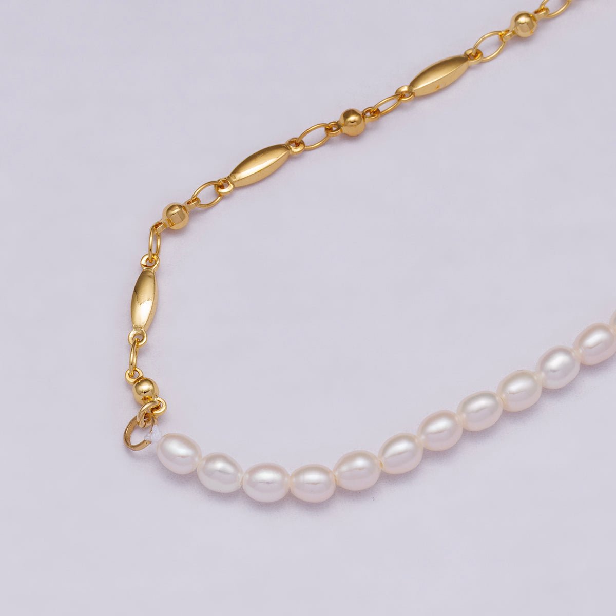 24K Gold Filled 4mm Half Shell Pearl Geometric Chain 16 Inch Necklace w. Extender | WA-04279