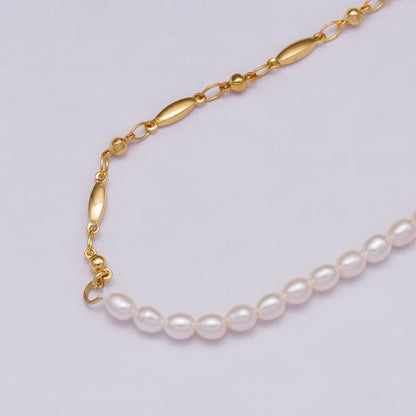 24K Gold Filled 4mm Half Shell Pearl Geometric Chain 16 Inch Necklace w. Extender | WA-04279