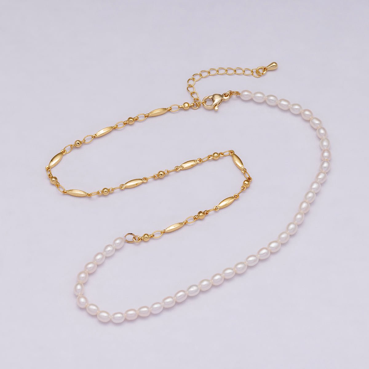 24K Gold Filled 4mm Half Shell Pearl Geometric Chain 16 Inch Necklace w. Extender | WA-04279