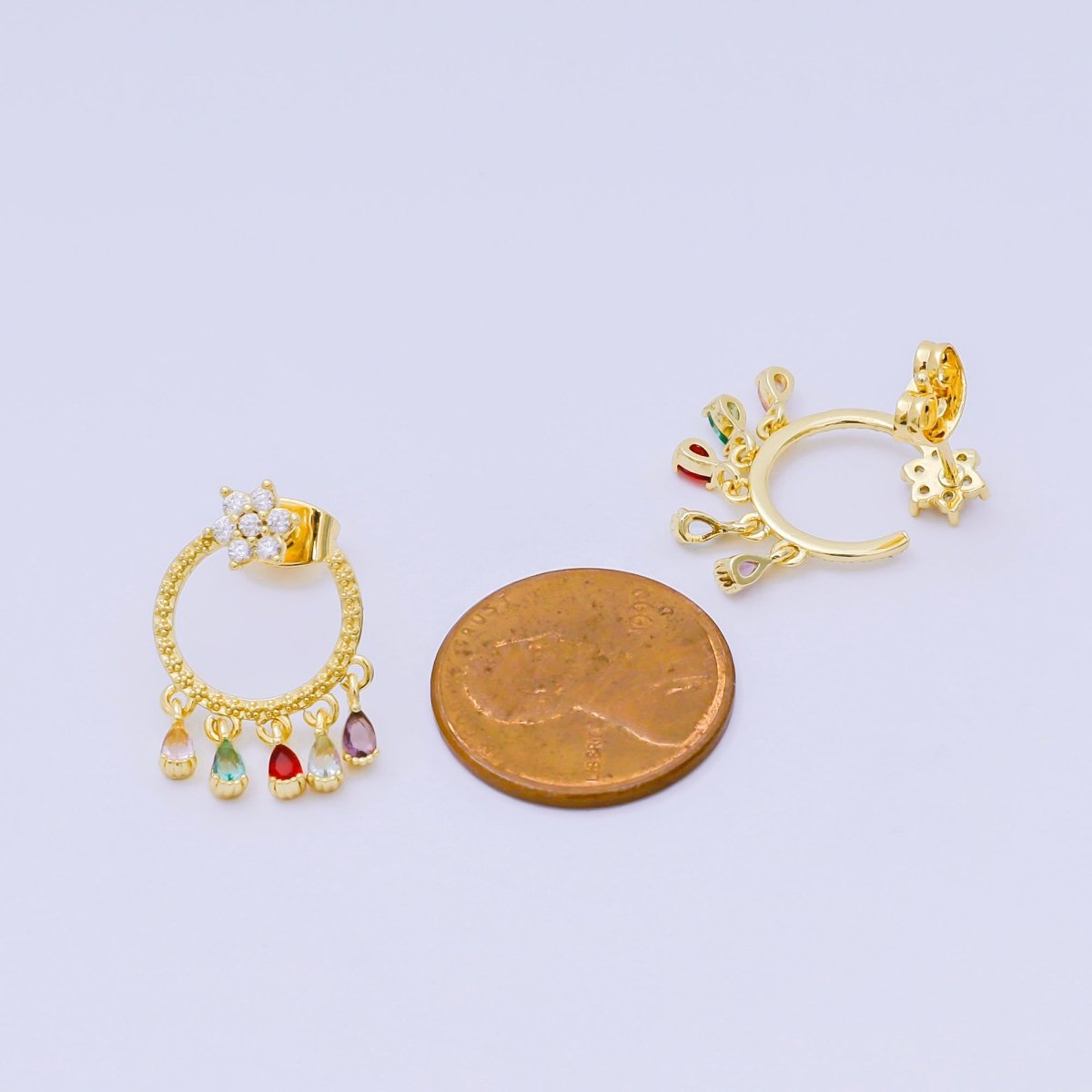 Flower 5-Teardrop Colorful Multicolor &amp; Micro Paved CZ Studs Earrings in Gold &amp; Silver | AJ-103 AJ-117