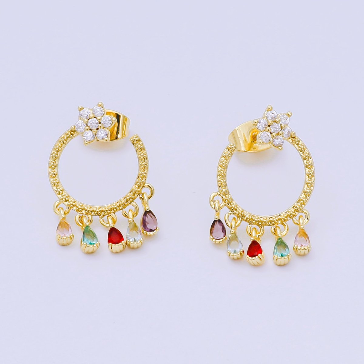 Flower 5-Teardrop Colorful Multicolor &amp; Micro Paved CZ Studs Earrings in Gold &amp; Silver | AJ-103 AJ-117