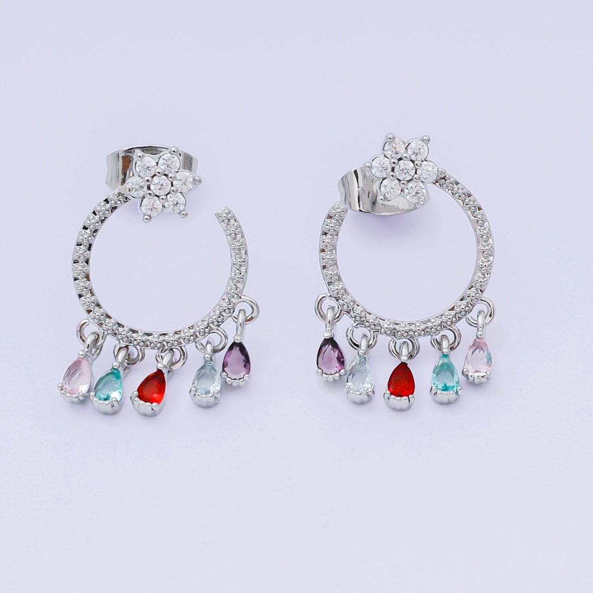Flower 5-Teardrop Colorful Multicolor &amp; Micro Paved CZ Studs Earrings in Gold &amp; Silver | AJ-103 AJ-117