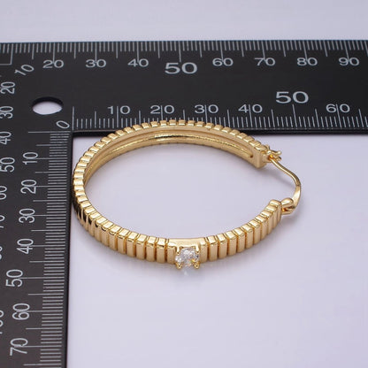 24K Gold Filled 50mm Clear CZ Ribbed Latch Hoop Earrings | AE346