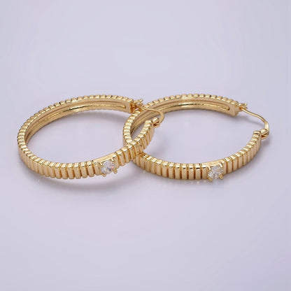 24K Gold Filled 50mm Clear CZ Ribbed Latch Hoop Earrings | AE346