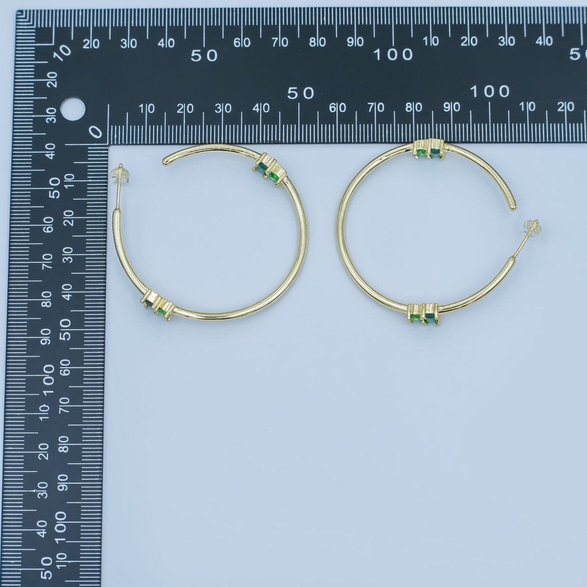 24K Gold Filled 50mm Green Baguette Round CZ C-Shaped Hoop Earrings | AD367