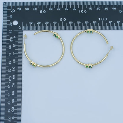 24K Gold Filled 50mm Green Baguette Round CZ C-Shaped Hoop Earrings | AD367