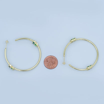 24K Gold Filled 50mm Green Baguette Round CZ C-Shaped Hoop Earrings | AD367
