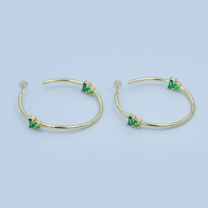 24K Gold Filled 50mm Green Baguette Round CZ C-Shaped Hoop Earrings | AD367