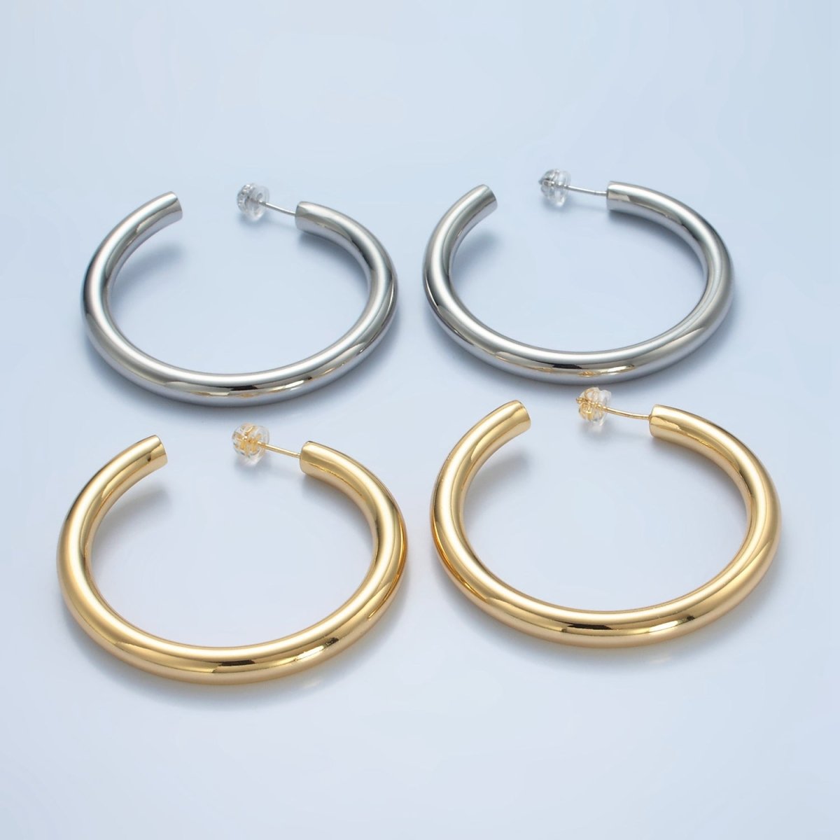 24K Gold Filled 50mm Minimalist C-Shaped Hoop Earrings in Gold &amp; Silver | AD715 AD716