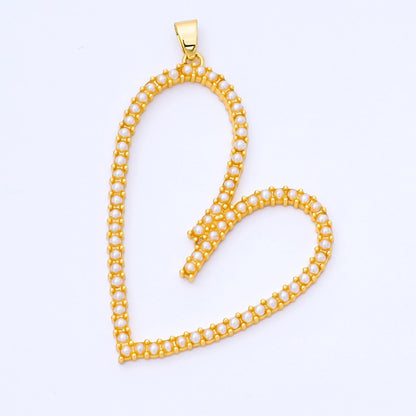 24K Gold Filled 50mm Shell Pearl Micro Paved Open Heart Pendant | AA1663