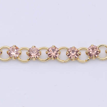24K Gold Plated 5.2mm Designed Rolo Pink Cubic Zirconia Unfinished Chain For Jewelry Necklace Making | ROLL-864 Clearance Pricing